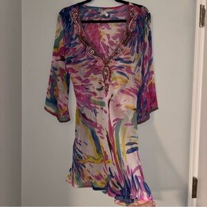 Solitaire Women's Colorful Abstract Print Beaded V-Neck Boho Tunic Top Embelish